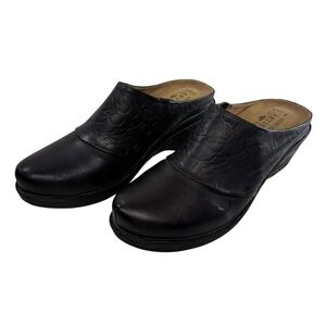 L'Artiste Spring Step Bande Clogs Mules Women 40/9 Black Leather Embossed Floral